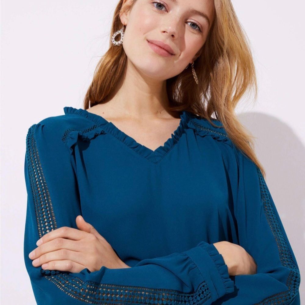 LOFT Teal Blue V-Neck Long Sleeve Blouse